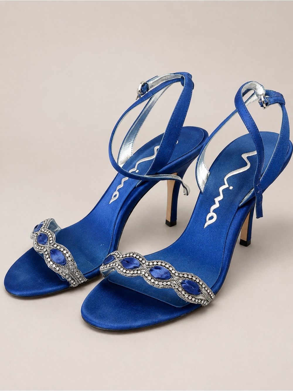 Nina Blue Satin Rhinestone Heels Size 9 Formal Wedding Prom Evening Sandals